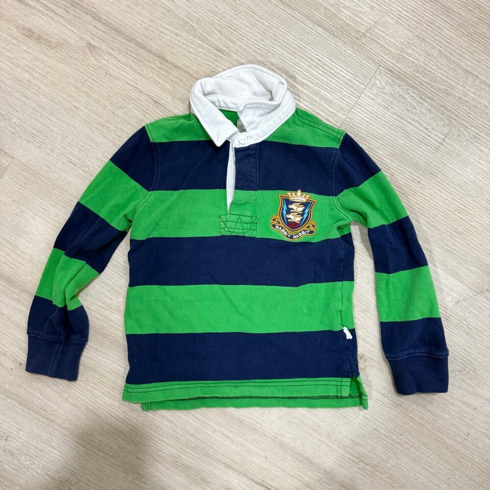 GAP x Sarah Jessica Parker Boys Rugby Shirt Green Blue Striped Crest Preppy XS
